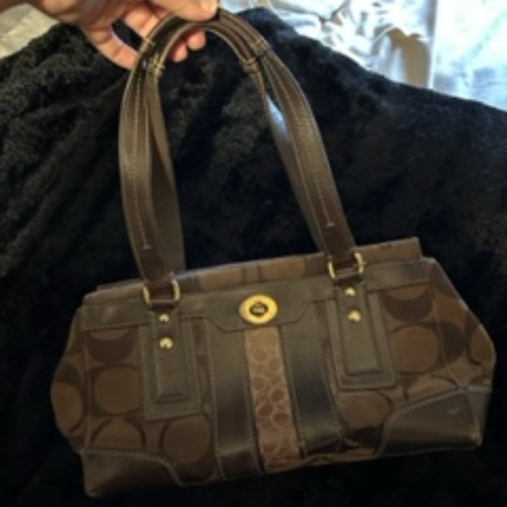 COACH E0773-11071 SIGNATURE HANDBAG WITH BROWN LEATHER TRIM
